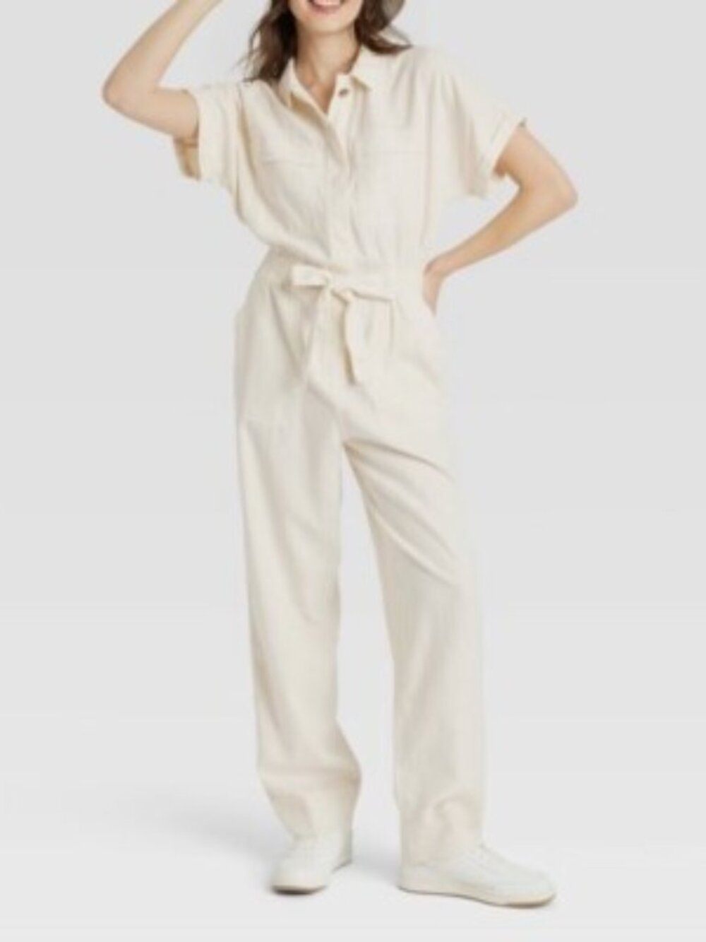 Universal Thread Cream Short Sleeve Button Front Utility Jumpsuit Size 10